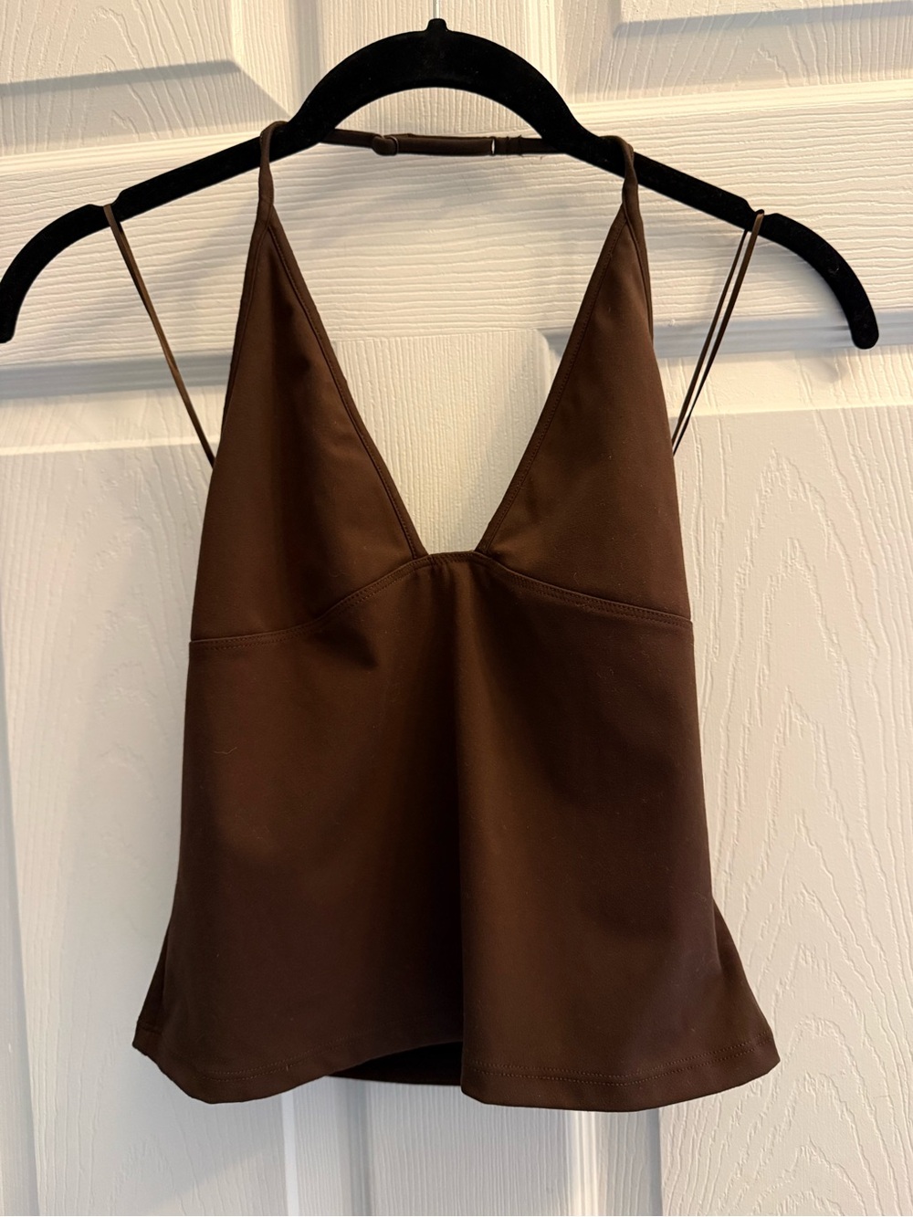 Garage Chocolate Brown V-Neck Fitted Halter Top with adjustable strap. NWOT